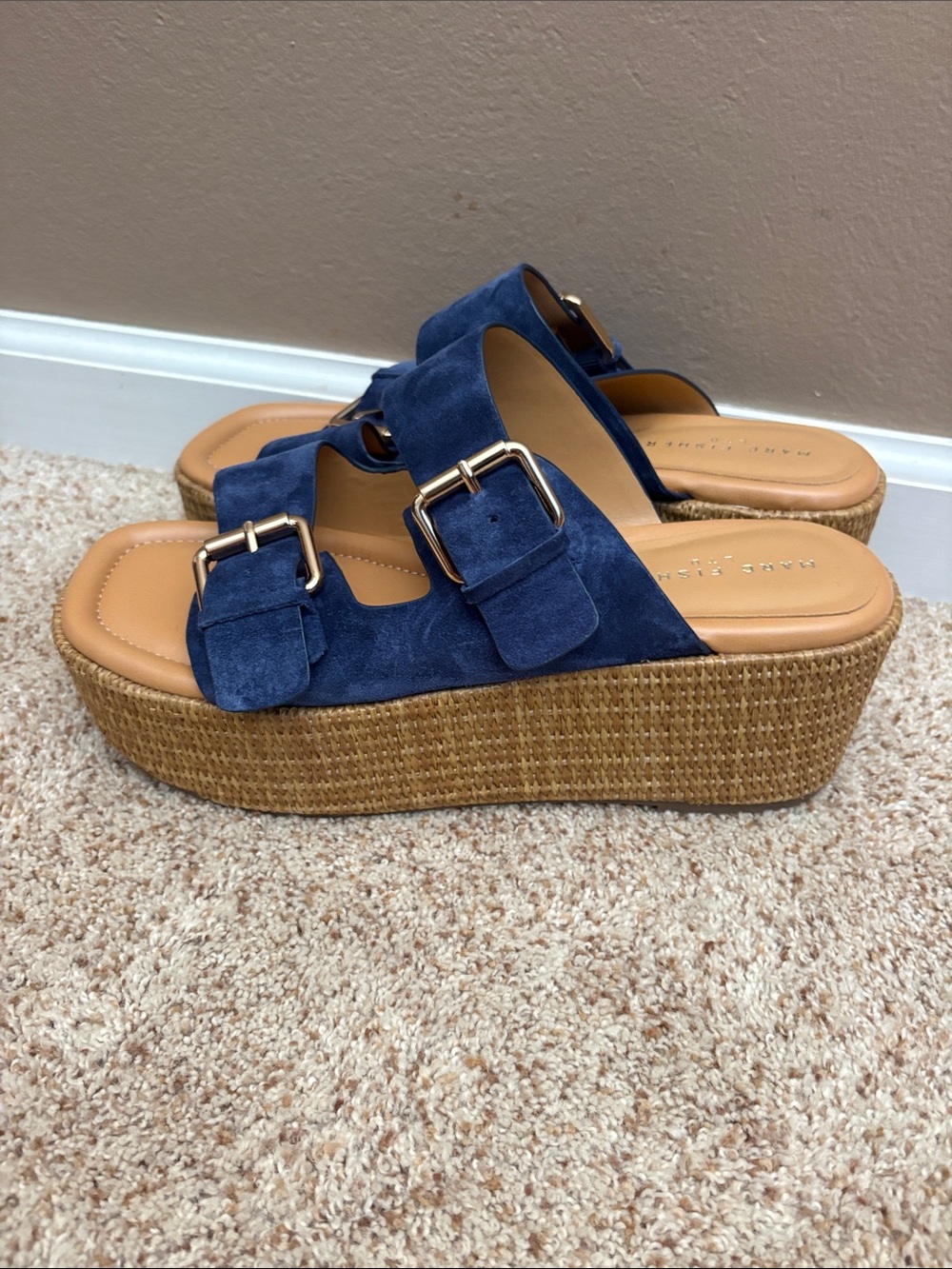 Marc Fisher Navy Suede Double-Buckle Wedge Slide Sandals Size 11